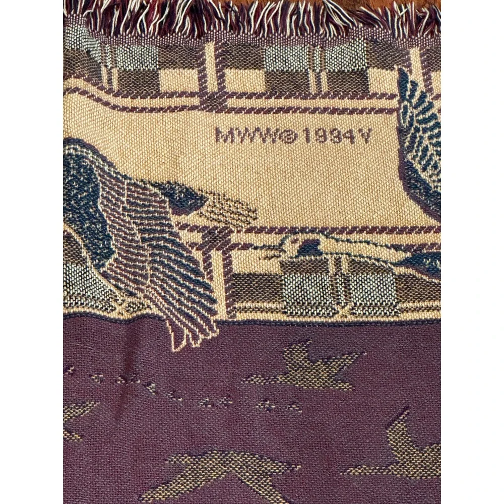 Vintage 1994 MWW Black Lab Duck Hunting Tapestry Throw Blanket 49x72 Fringe